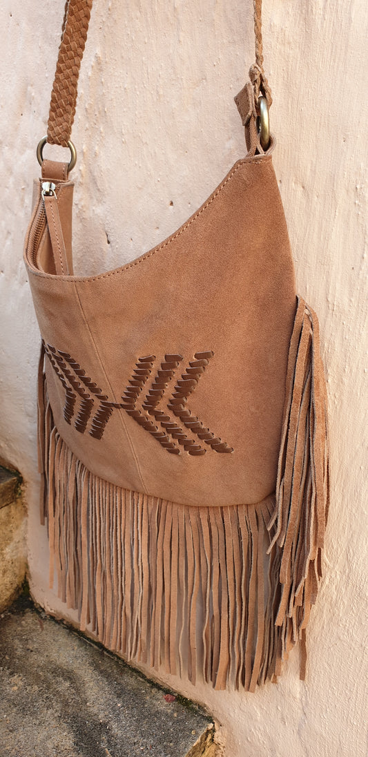 Mandiri suede shoulder bag with brown logo and fringe