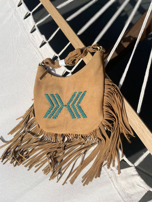 Mandiri suede shoulder bag with green logo and fringe